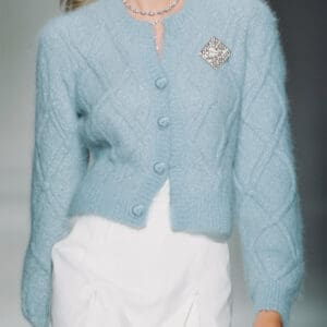 Blue Diamond Mohair Button-Down Cardigan With Brooch - Blue