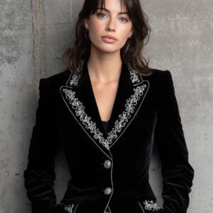 Black Velvet With White Embroidery And Silver Button Blazer - Black