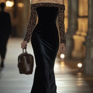 Retro Elegant High-End One-Shoulder Leopard Print Velvet Dress - Brown