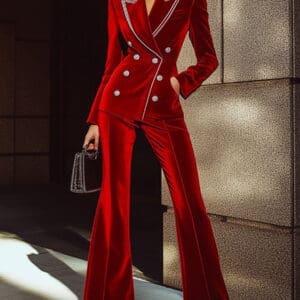 High-End Fashion Red Velvet Suit With Silver Trim - Red